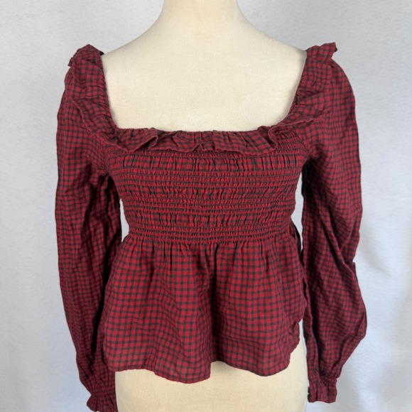 New American Eagle Long-Sleeve Smocked Ruffle Plaid Top Red Gingham Women Small - Picture 4 of 10